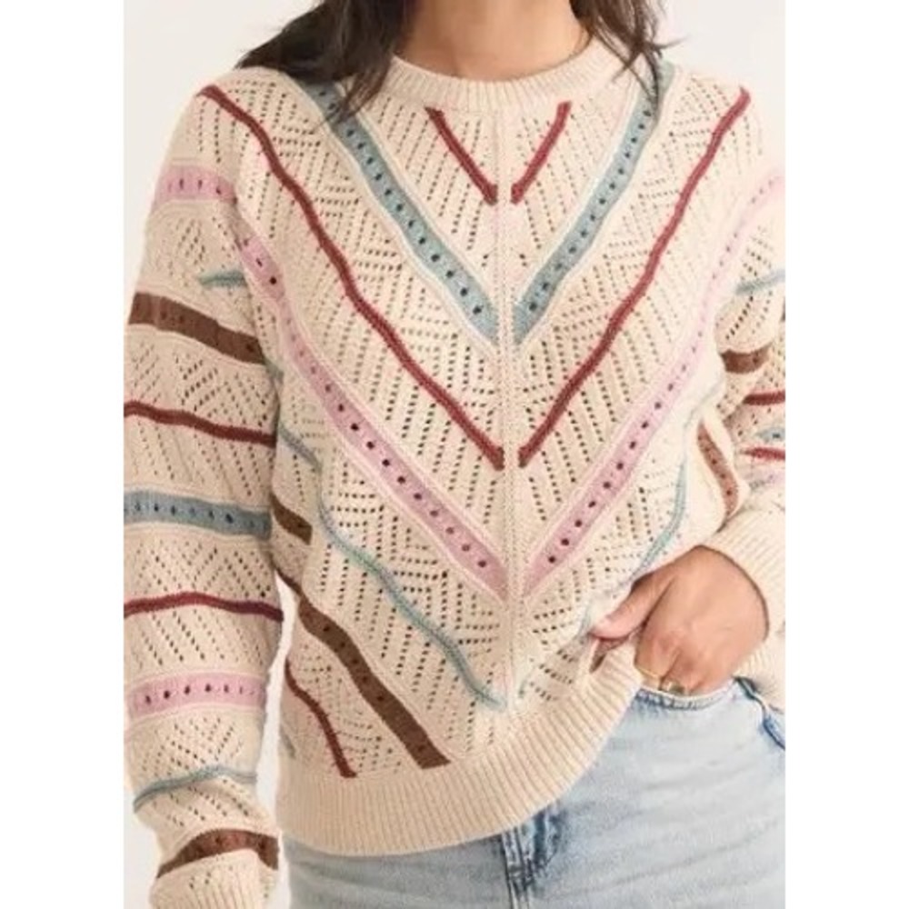 Marine Layer Womens XL Chevron Stripe Pointelle Knit Cotton Merino Wool Sweater - Picture 9 of 9